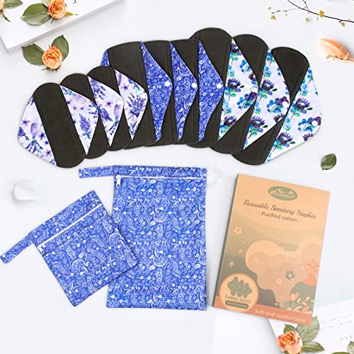 Viedouce Serviette Hygiénique Lavable,Lot de 9 Serviettes Hygiéniques Réutilisables,Serviette Hygiénique en Tissu,Protege Slip Lavable avec 2 étanches Sacs de rangement Cover