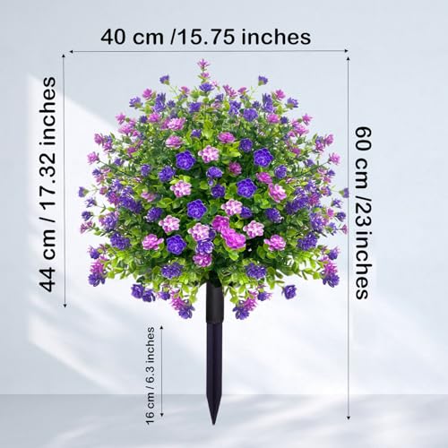 YUGYUM 2 Pack Artificial Boxwood Topiary Ball Trees with Spikes, 23\" UV Resistant Fake Shrubs Bushes for Outdoors, Look Real Faux Plants Flowers for Porch Pathway Garden Yard Patio Decor -Purple