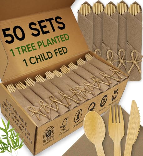 Biodegradable Bamboo Cutlery & Napkin Set (50 Pack)