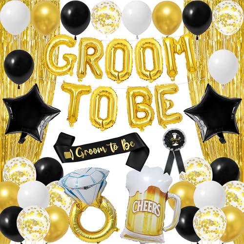 Trgowaul Gold Bachelor Party Decorations for Men, Groom To Be Banner Fringe Curtains, Groom to Be Satin Sash Award Ribbon Badge Brooch for Wedding Bridal Shower Future Mr Pre-Wedding Party Supplies