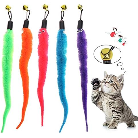 5pcs/Set Colorful Pet Kitten Cat Toys Teaser Replacement Refill Plush Caterpillar with Bell (5 in Blue, Purple, Orange, Pink and Green) Cover