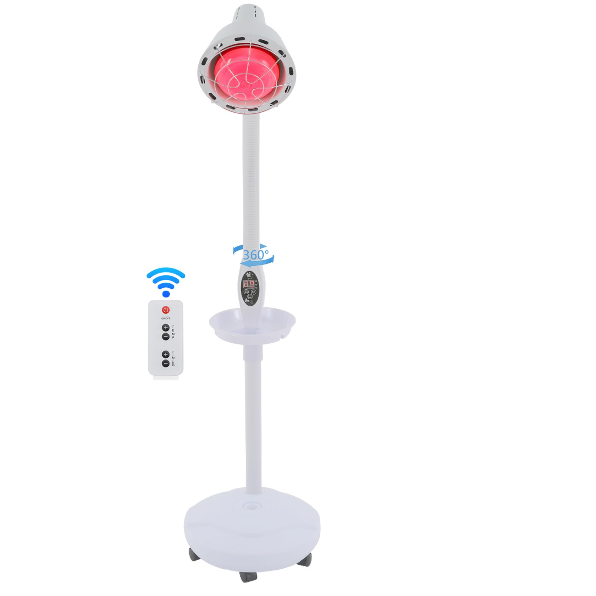 Rotlichtlampe Wärmelampe 275 W, 360°-Drehung Infrarotlampe mit Fernbedienung, Temperatur 0-115°C und Höhenverstellbar 49-63 Zoll, Rotlichtlampe Therapie mit Ständer und 4 beweglichen Universalrädern