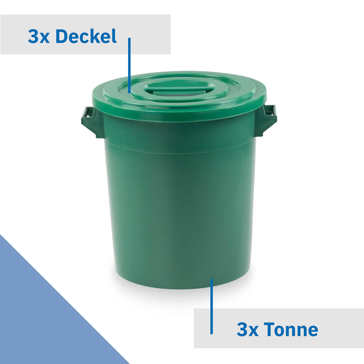 35 Liter Kunststofftonne mit Griffen + Deckel, stapelbar, Stabiler Eimer, Plastiktonne, Rundbehälter, Universaltonne, Allzweckeimer, Vorratstonne, Futtertonne, Mülltonne, 3X Grün