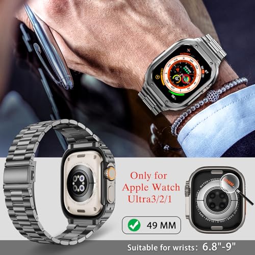 Image of MioHHR Stainless Steel Band and Case Compatible with Apple Watch Band 49mm | Men Metal Protective Bumper Cover with Straps for iWatch 49mm Series Ultra 3, Ultra 2, Ultra, Space Gray