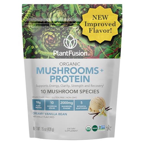 PlantFusion Mushroom Protein Powder - 3 in 1 Vegan Protein Powder Mushroom Supplement and Adaptogen Supplement - Support Mental Focus Immunity and Recovery - Vanilla 1lb