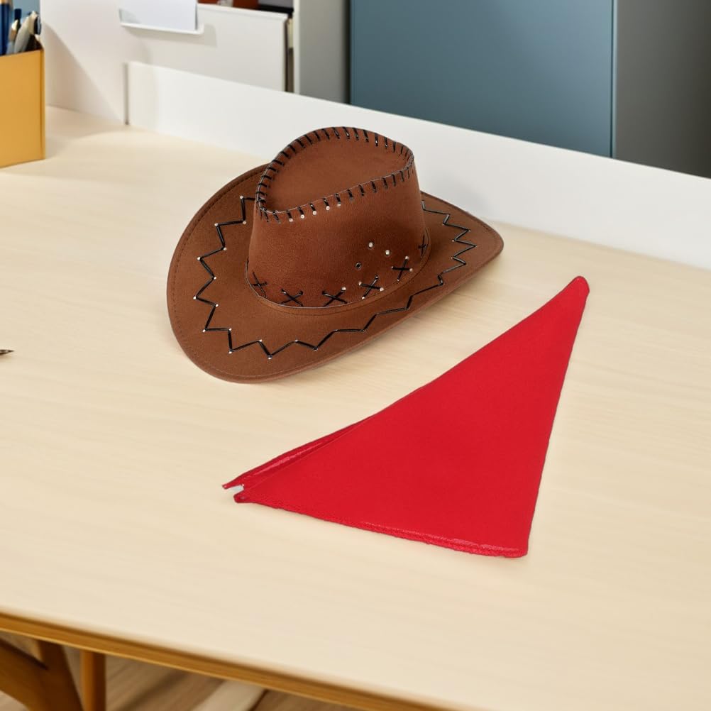 LOGOFUN Adult Western Cowboy Costume with Brown Hat Red Bandana Carnival Outfit Cowgirl Themed Prop for Halloween Cosplay Party Accessories