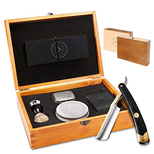 Gold Straight Razor Kit - Shave Ready Straight Razor, Stainless Steel Straight Edge Razor, Ebony Straight Razor For Men, Brush, Soap, Strop, Complete Gold Straight Razor Shaving Kit, Great Gift