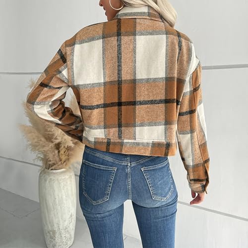 Cropped Flannel Jacket, Women's Flannel Cropped Plaid Shacket Jacket, Button Down Lapel Shirt Fall Fashion Coat Tops3