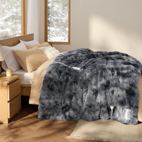Image of Bedsure Faux Fur Heated Blanket Full Size, Long-Pile Electric Blanket, Grey