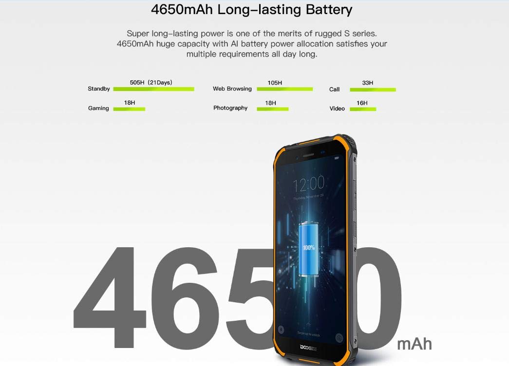3GB+32GB Smartphone Rugged 4G Android 9.0, 5,5'' HD Gorilla Glass 4, IP68/IP69K Impermeabile Outdoor, Dual SIM, Militare, S4O, Quad-Core NFC Arancione