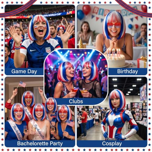 Image of PLULON Red White Blue Bob Wig with Heart Sunglasses for Women, Colored Short Bob Hair Fun Synthetic Hair with Wig Cap 4th of July Costume Hairpieces Independence Day Outfit for Cosplay Halloween Party