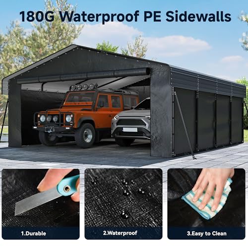 Image of Real Relax 20x20FT Heavy Duty Metal Carport, All-Weather Galvanized Steel Enclosed Car Canopy with Roll-Up Door, Reinforced Base for 2 Cars, Trucks, Boat, Gray