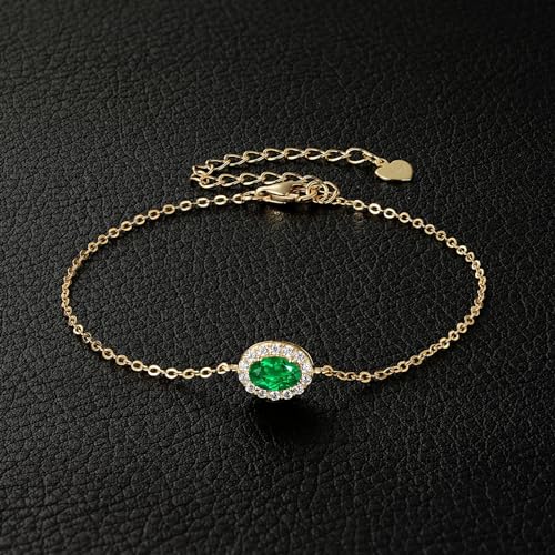 YUNKAI 925 Sterling Silver Emerald Bracelet, Birthstone Bracelet for Women, Dainty Green Stone Adjustable Link Bracelet Birthstone Jewelry Gift for Her Anniversary Birthday4