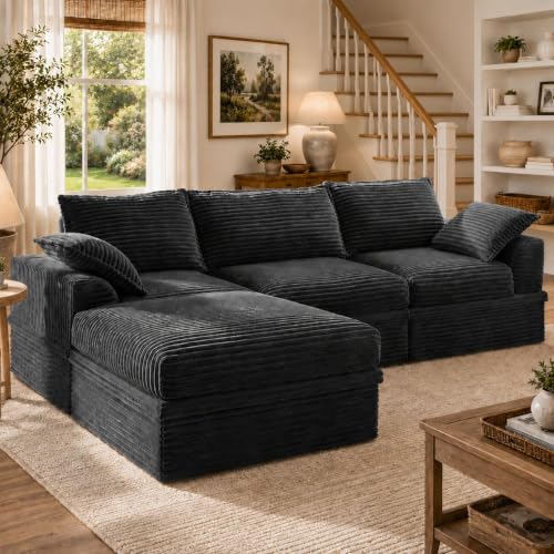 Upgraded Boneless Couch with Storage, Sectional Couches for Living Room, L-Shaped Modular Cloud Corduroy Sofa with Ottoman & Pillows, Oversized Deep Seat Memory Foam Couch, No Assembly(Gray, 107" L)