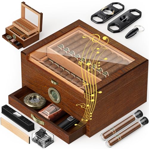 SEMKONT Cigar Humidor with Built-in Music Box System and Cedar Wood Tray – Transparent Top Desktop Humidor, Digital Hygrometer & Humidifier,Includes 3-Piece Cigar Accessory Set and 2 Cigar Tubes