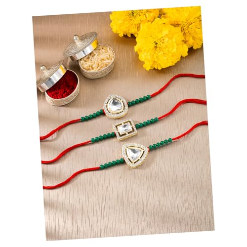 Image of Peora CZ Pearl & Crystals Studded Thread Rakhi for Brother Bhaiya | Combo Set of 3 | Raksha Bandhan Hamper with Roli Chawal & Greeting Card