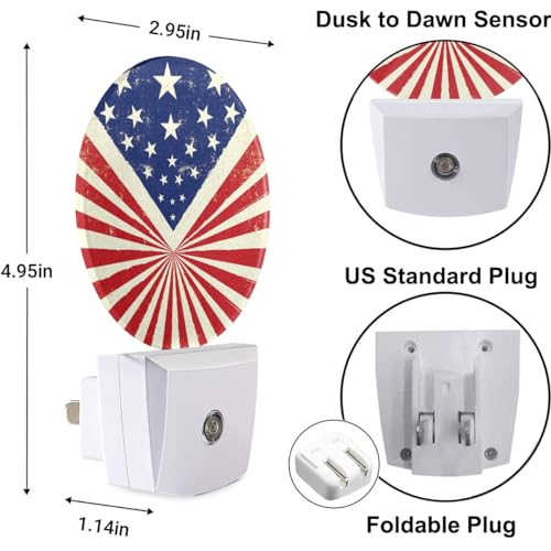 Image of Retro American Flag Night Lights Plug into Wall Patriotic LED Dusk to Dawn Plug-in Nightlight Auto Sensor for Bedroom Bathroom Hallway Living Room