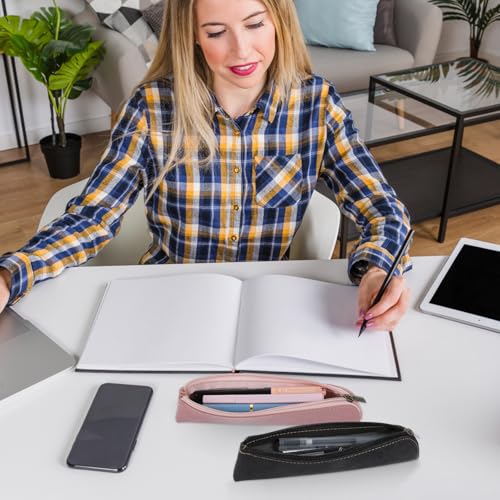 Image of simarro Leather Pencil Case, 2pcs Small Pencil Pouch Portable Zipper Bag Cute Slim Makeup Bag Soft Simple Office Stationery Pouches for Women Men Markers Change Coins(Black+Pinke)