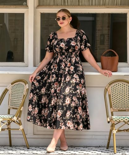 Image of RITERA Plus Size Dresses for Curvy Women Square Neck Short Sleeve Summer Floral Smocked Maxi Dress with Pocket XL-5XL
