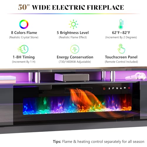 Image of AMERLIFE 90 inch High-Gloss Fireplace TV Stand with 50 inch Electric Fireplace | Gray /Black LED TV Console, Modern Living Room Entertainment Center, Fits TVs up to 100 inch, 2 Cabinets, 2-Tier Storage Space