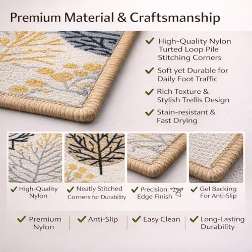 Image of Matz & More Nylon Tufted Gel Baking Anti-Slip Floor Mat | 40 x 60 cm | Beige & Yellow Floral Design | Doormat for Home Entrance, Kitchen & Bedroom