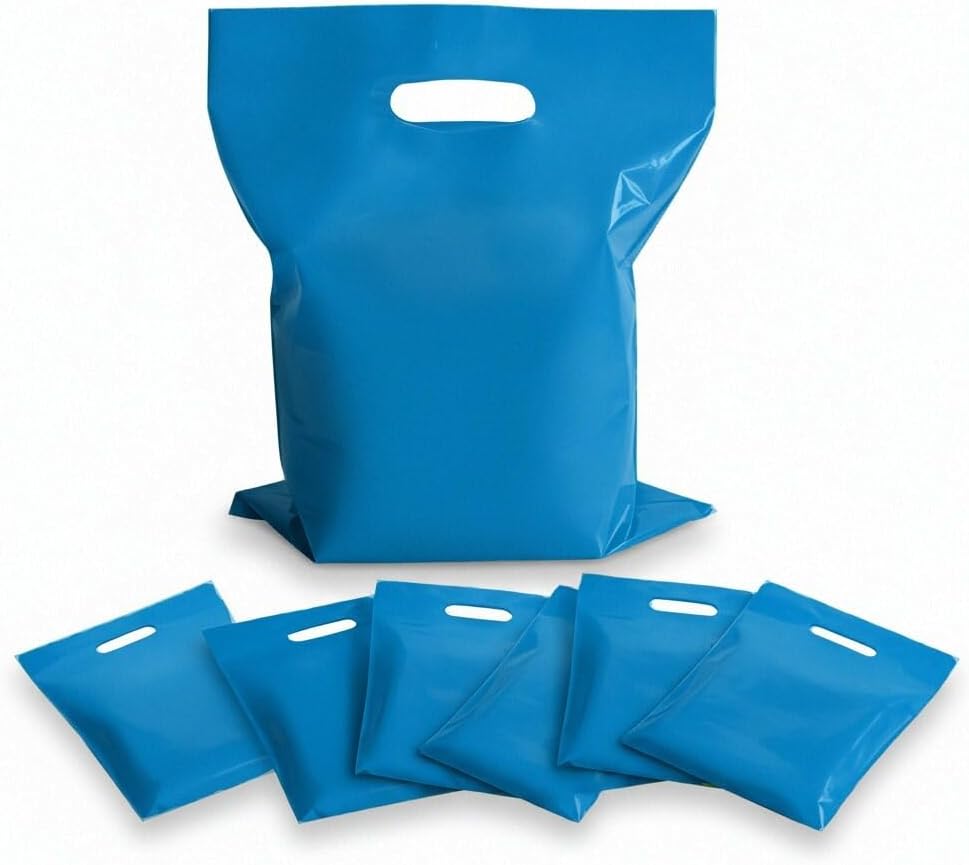 Odseciran 100 Pack Plastic Party Favor Bags with Handles, Goodie Treat Bags Bulk, Party Gift Bags for Candy, Weddings, Church & Holiday Events, Multiple Sizes (Light Blue, 6" X 8")