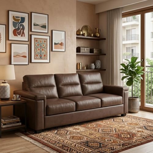 Image of FURNY Parker 3 Seater Fabric Sofa Set with Leatherette Finish | Durable Comfort | Ideal for Living Room | Modern Design (Dark Brown Leatherette)