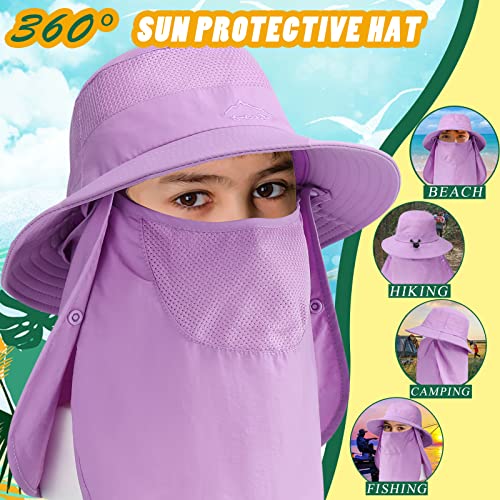 Kids Sun Hats With Neck Flaps & Face Covers Summer Beach Fishing Outdoor Play Hat For Boys Girls Ages 4-13 Light Purple #TOP1