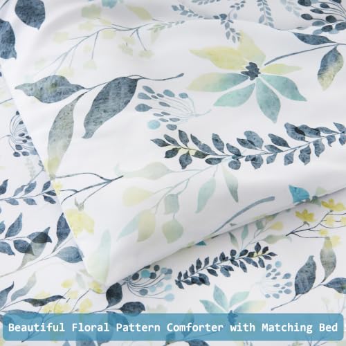 Image of lasoftan Floral Queen Comforter Set with Sheets, 7 piece Luxury Vintage Bedding, Soft Microfiber Bed in a Bag, Cozy Lightweight Bed Set, Grey Yellow Botanical