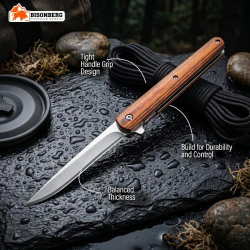 Image of BISONBERG Folding Pocket Knife with Leather Sheath, Wood Handle, long Blade, for Kitchen Use