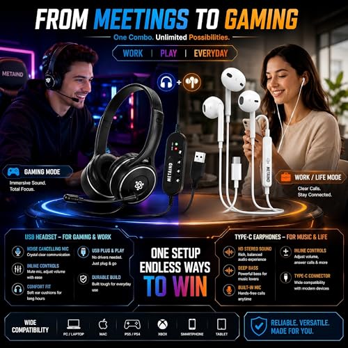 Image of Metaind USB Headset with Mic Meta MT30 for PC & Laptop and CT100 Type-C Earphone Combo for Calling, Online Classes, Meetings & Work from Home