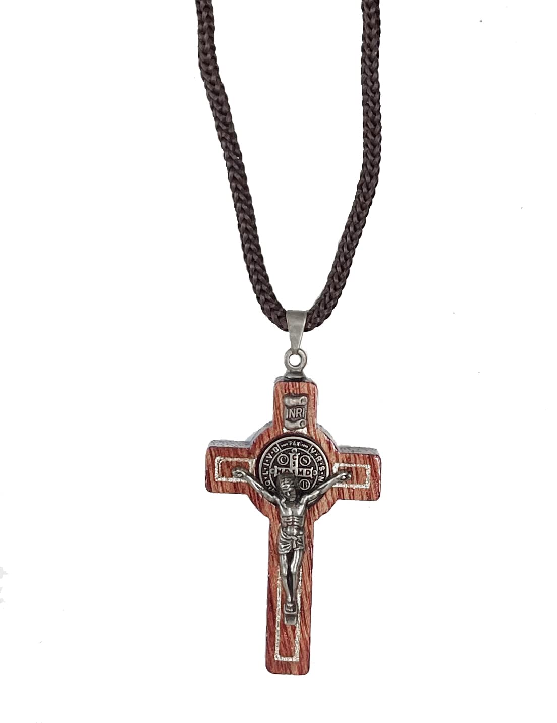 Catholica Shop Saint Benedict Medal Wood Crucifix Cord Necklace for Men & Women – Handcrafted Religious Pendant, Healing, Travel Protection, Perfect for Gifting on Special Occasions, Made in Brazil