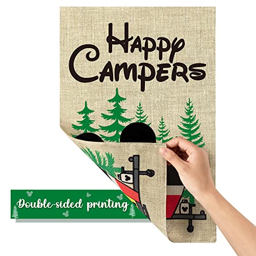 D1Resion Happy Campers Garden Flag Spring Summer Camping Cartoon Mouse Travel Trailer Rv Burlap Yard Flags Double Sided Print Vertical House Flag Holiday Outdoor Decoration For Campsite Party 12X18 In #TOP2