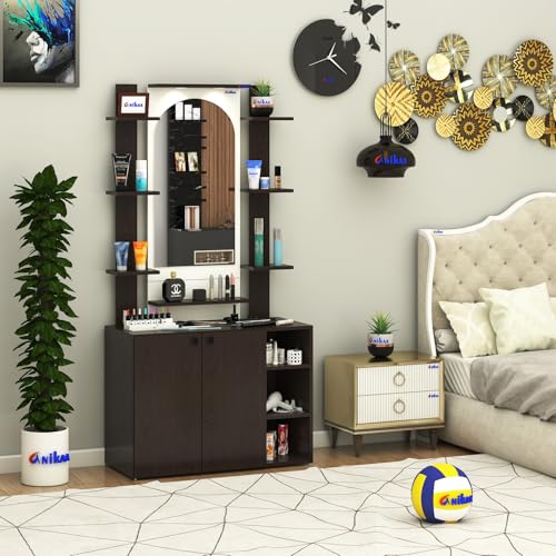 Image of Anikaa Venza Engineered Wood Dressing Table with Wall Mounted Mirror & LED Lights Open Shelf | Makeup Vanity Storage Cabinet with Soft Closed Hinge Door for Bedroom -(Wenge /White) DIY Installation