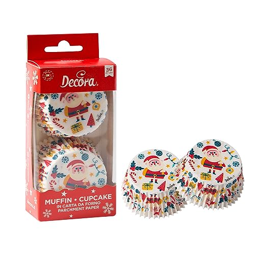 Decora, 0339897 Confezione da 36 Pirottini Buon Natale da 50 X 32 mm, per Cuocere, Presentare e Regalare Muffin e Dolcetti, Resistono fino a 180°C, In comodo Blister, Made in Italy
