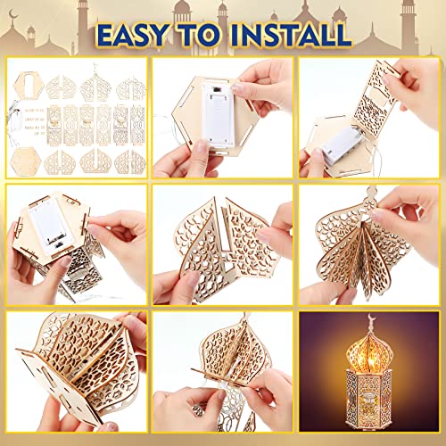 5 Pieces EID Decorations Ramadan Kareem Tabletop Ornaments LED Ramadan Lanterns 3D Handmade Wooden Moon Star Eid Mubarak Ornaments for Home Party Supplies, 5 Patterns - Image 6