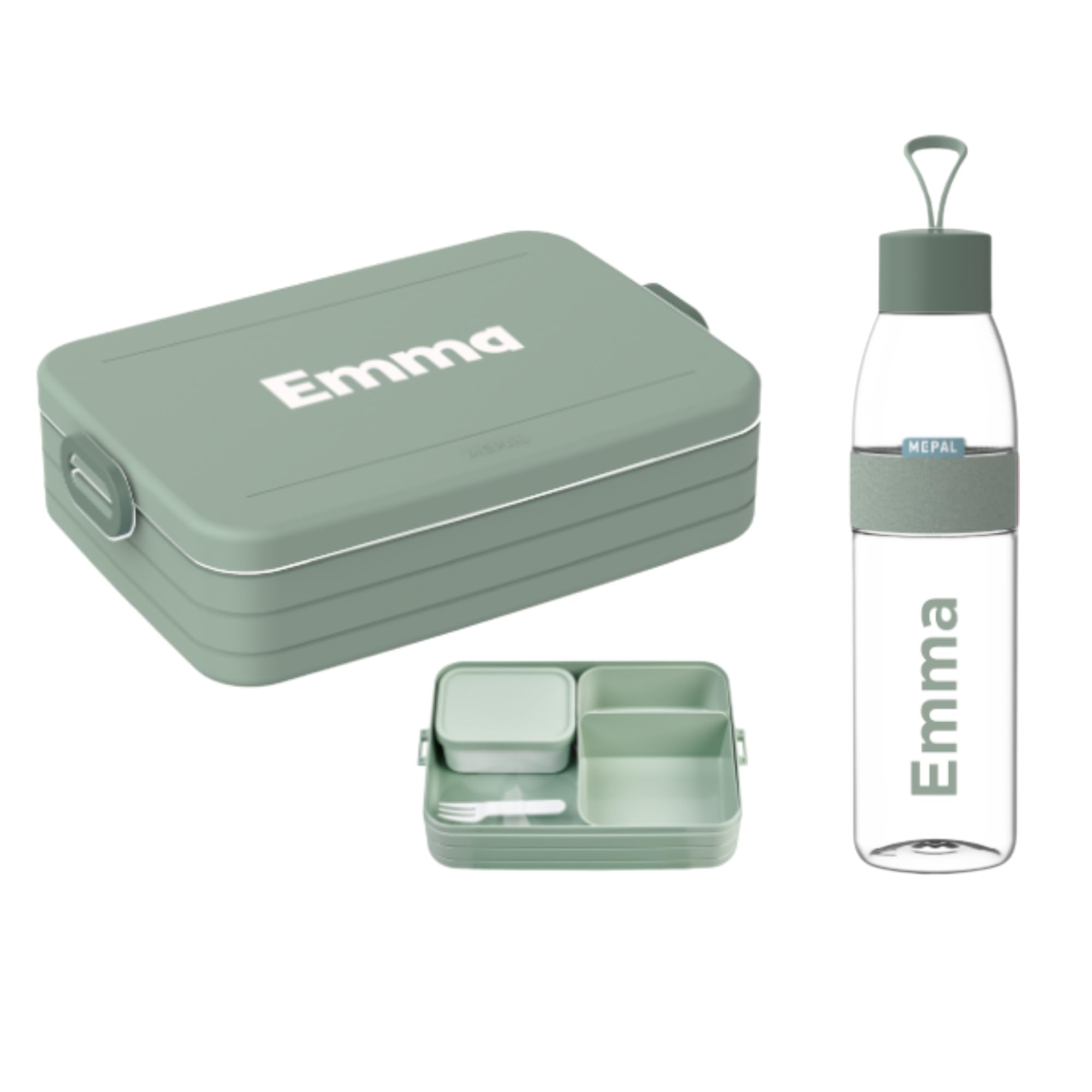 Mepal Set – Personalisierte Bento Lunchbox & Trinkflasche 700 ml – Brotdose mit Namen für Kinder & Erwachsene – BPA-frei – Schule, Büro & unterwegs – Nordic sage