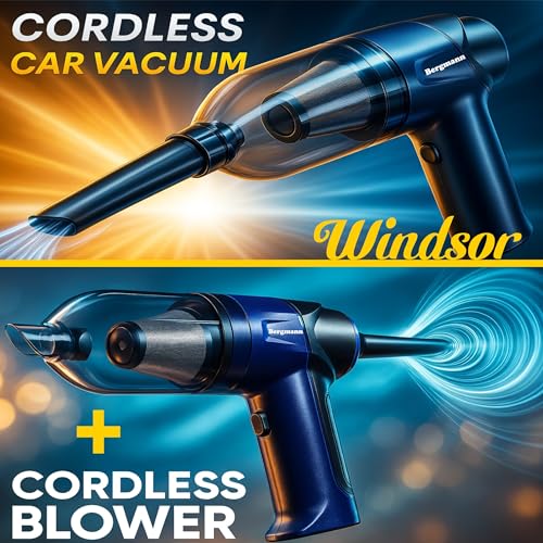Image of Bergmann Windsor Cordless 2in1 Vacuum Cleaner & Blower | Car & Home | 100% Copper Motor | High Suction | Washable Stainless Steel HEPA Filter | 6 Attachments | Compact & Portable | Blue