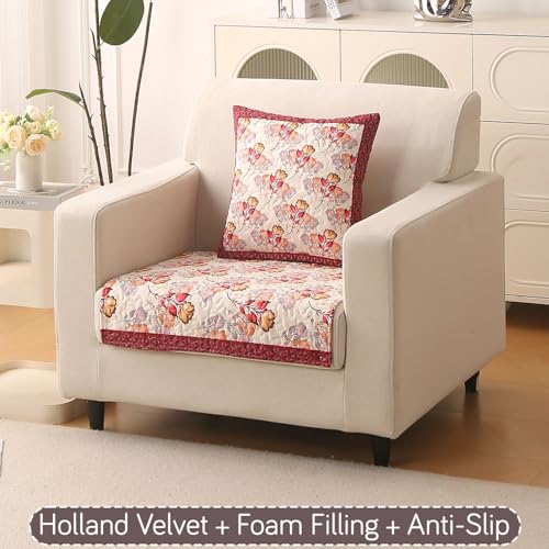 Image of HOKIPO 'Florentina Series' Premium Holland Velvet Sofa Cover Mat for 1 Seater Sofa with Foam Filling for Extra Softness, Anti-Slip Backing, Autumn Cream (IN-878-V3*1)