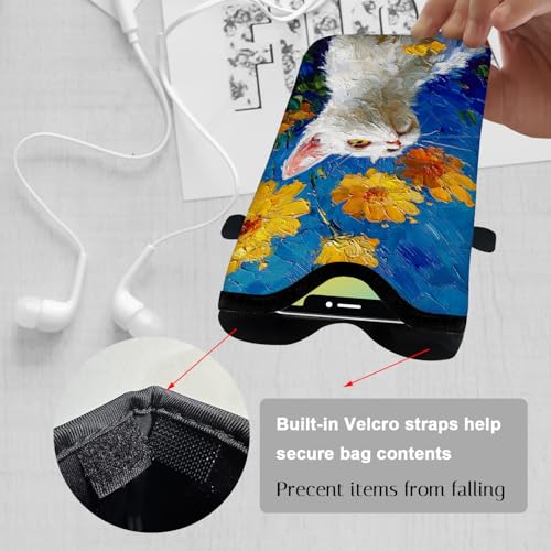 Image of Neoprene Cell Phone Sleeve Pouch Case Bag with Crossbody Strap Neck Lanyard for Women 7.1 X 3.9 in White Cat