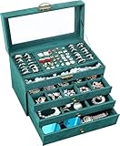 QBestry Large Jewelry Box for Women with Lock,4 Layer Glass Lid Jewelry Organizer with Drawers,Green Velvet Jewelry Storage Organizer Box for...