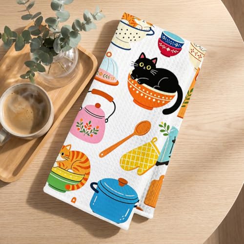 Image of Hanamiya Na Cute Cat Kitchen Towels 24x14 Inch, Cats Gifts Reusable Dish Towels for Kitchen Bathroom Decor, Waffle Weave Absorbent Hand Cloth Tea Towel, Cat Lover Gifts for Women Mom Friend