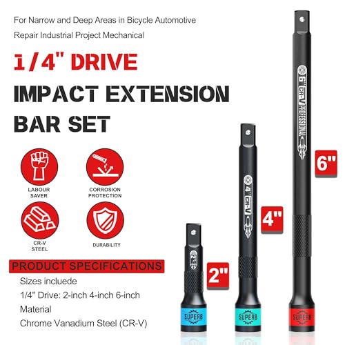 Image of 3 Pcs 1 /4 inch Drive Impact Extension Bar Set, 2 inch 4 inch 6 inch Length Socket Extension, CR-V Steel, Narrow and Deep Areas in Bicycle, Automotive Repair or Industrial Operations