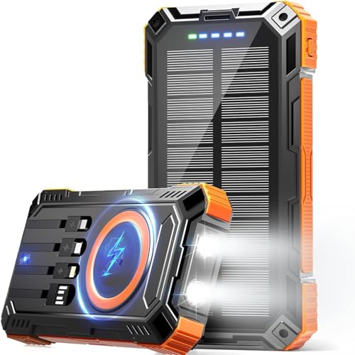 Solar Power Bank 49800mAh Wireless Portable Charger with USB-C 15W Fast Charging with 4 Built-in Cables LED Flashlight Battery Pack Compatible with iPhone, iPad, Smartphone,Perfect for Camping, Hiking
