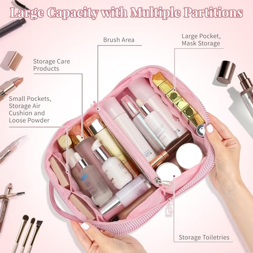 Travel Makeup Bag for Women, 2Pcs Portable Personalized Initial Makeup Organizer Bag, Open Flat Large Cosmetic Bag With Travel Essential Pouch (Pink Letter K)2