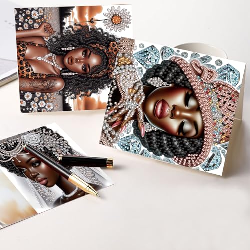 Image of 6 Pcs 5D Rhinestone Painting Greeting Cards Kits, Handmade Festival Greeting Cards with Envelopes Laser Effect DIY Diamond Art Crafts Birthday Cards for Birthdays Celebrations (Elegant African)