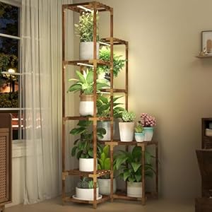 HOMKIRT Tall Corner Plant Stand with Grow Lights, Plant Shelf Indoor for Multiple Plants, Wood Plant Ladder Rack Holder Display Flower Stand for Living Room Balcony HOMKIRT Tall Corner Plant Stand with Grow Lights Plant Shelf Indoor for Multiple Plants Wood Plant Ladder Rack Holder Display Flower Stand for Living Room Balcony