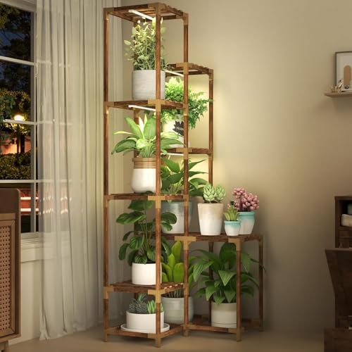 HOMKIRT-Tall-Corner-Plant-Stand-with-Grow-Lights-Plant-Shelf-Indoor-for-Multiple-Plants-Wood-Plant-Ladder-Rack-Holder-Display-Flower-Stand-for-Living-Room-Balcony HOMKIRT Tall Corner Plant Stand with Grow Lights Plant Shelf Indoor for Multiple Plants Wood Plant Ladder Rack Holder Display Flower Stand for Living Room Balcony