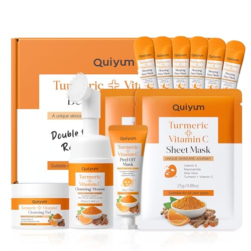 QUIYUM Turmeric + Vitamin C Facial Skincare Set - 5-in-1 Cleansing Kit for Oil Skin Types, Hydrating, Even Tone, Include Cleansing Mousse& Pads, 2Pcs Sheet Mask, Peel Off Mask, 6Pcs Sleeping Mask
