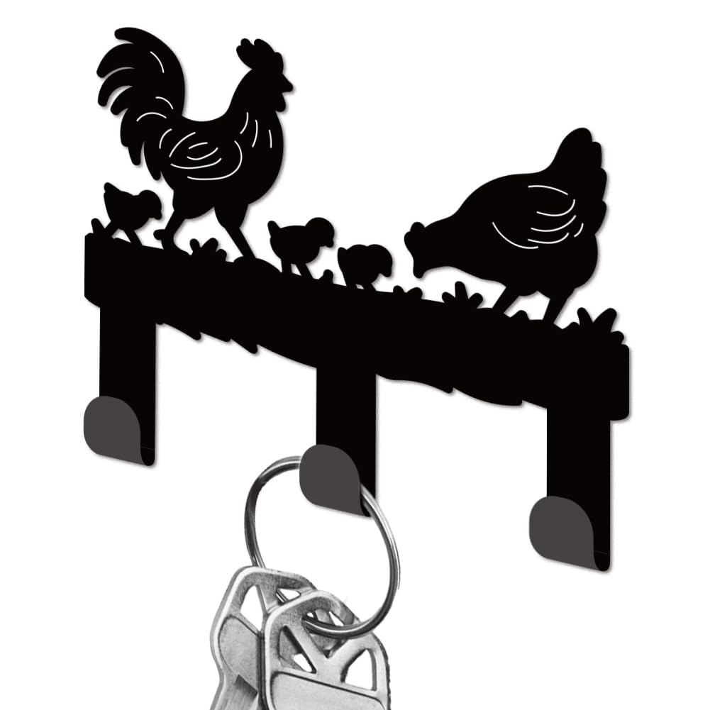 Porte-clés mural poule en fer forgé compact équipé de 3 crochets solides